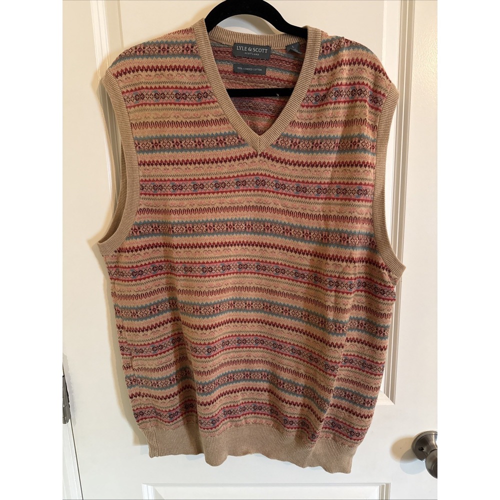 Lyle & Scott Men Large Fair Isle Knit Sweater Vest Tan V Neck Cotton Striped